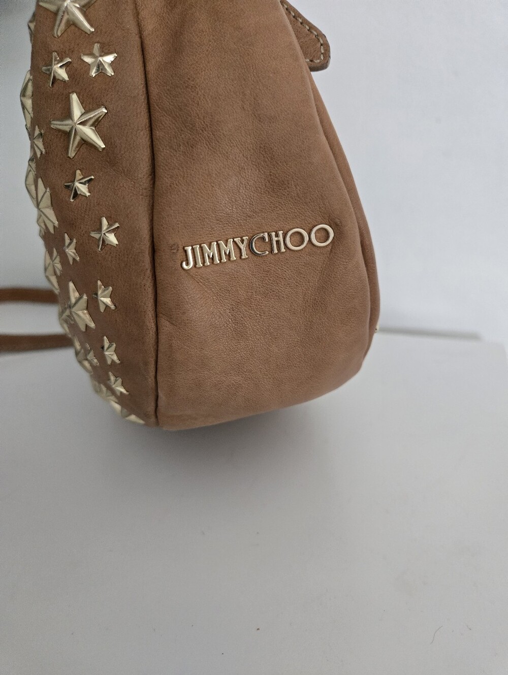 Authentic JIMMY CHOO Sky Star Studded Camel Leather Hobo Sloutch Satchel - Picture 9 of 16